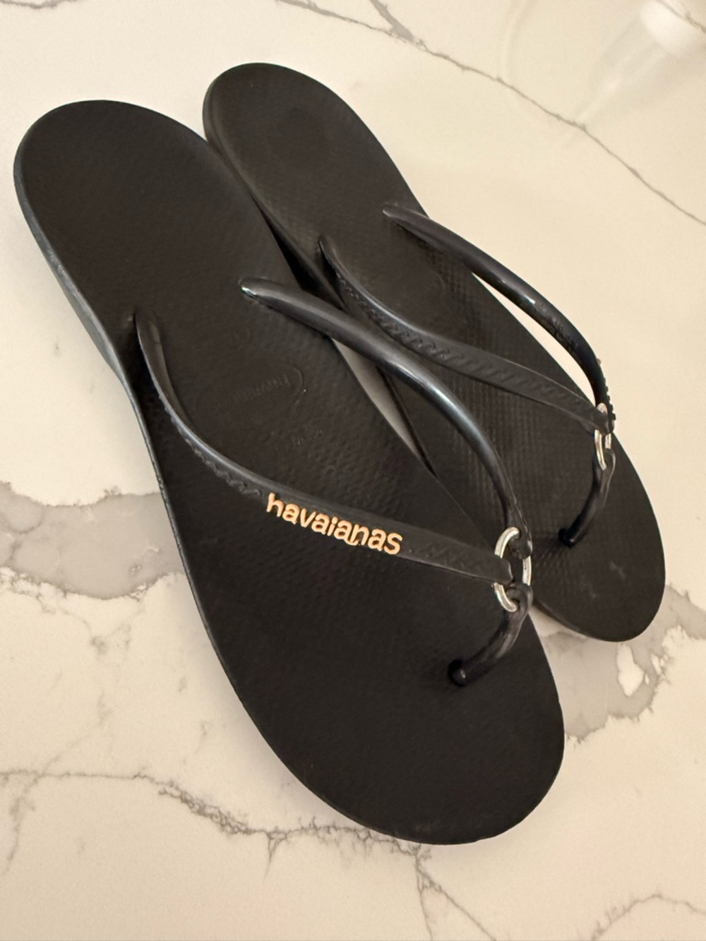 Havaianas Black Flip Flops with silver ring and Logo Accent